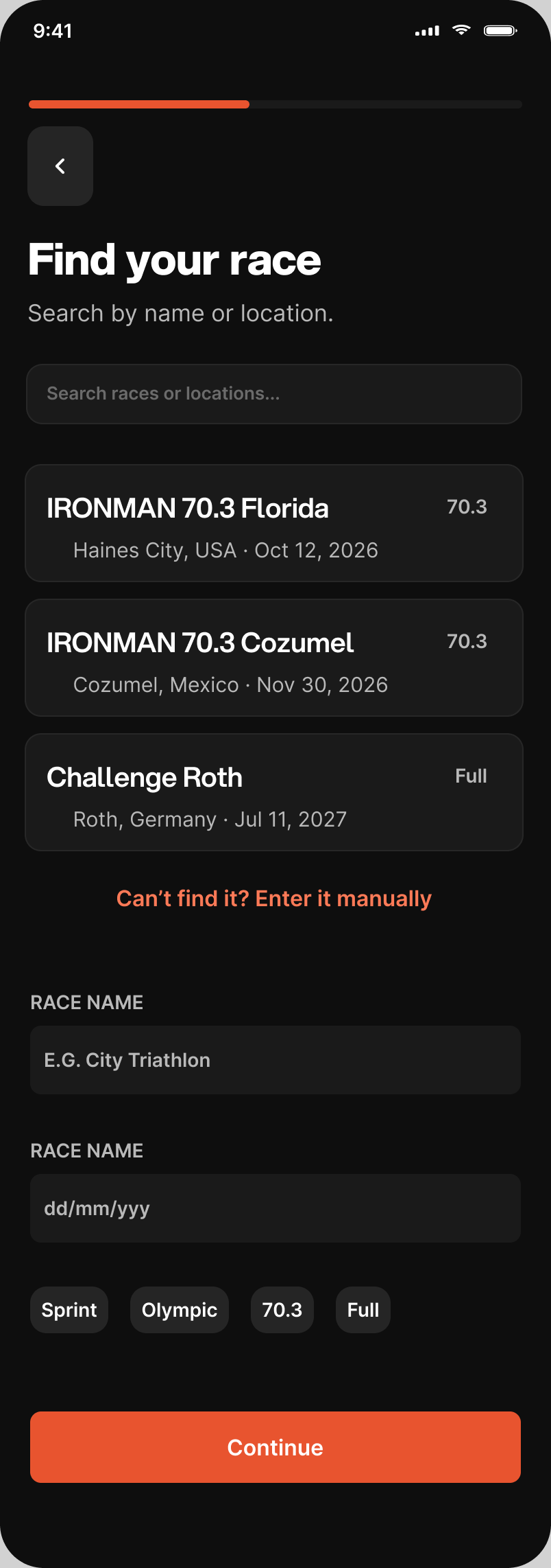 Onboarding step to find a target race, with IRONMAN 70.3 options and manual entry
