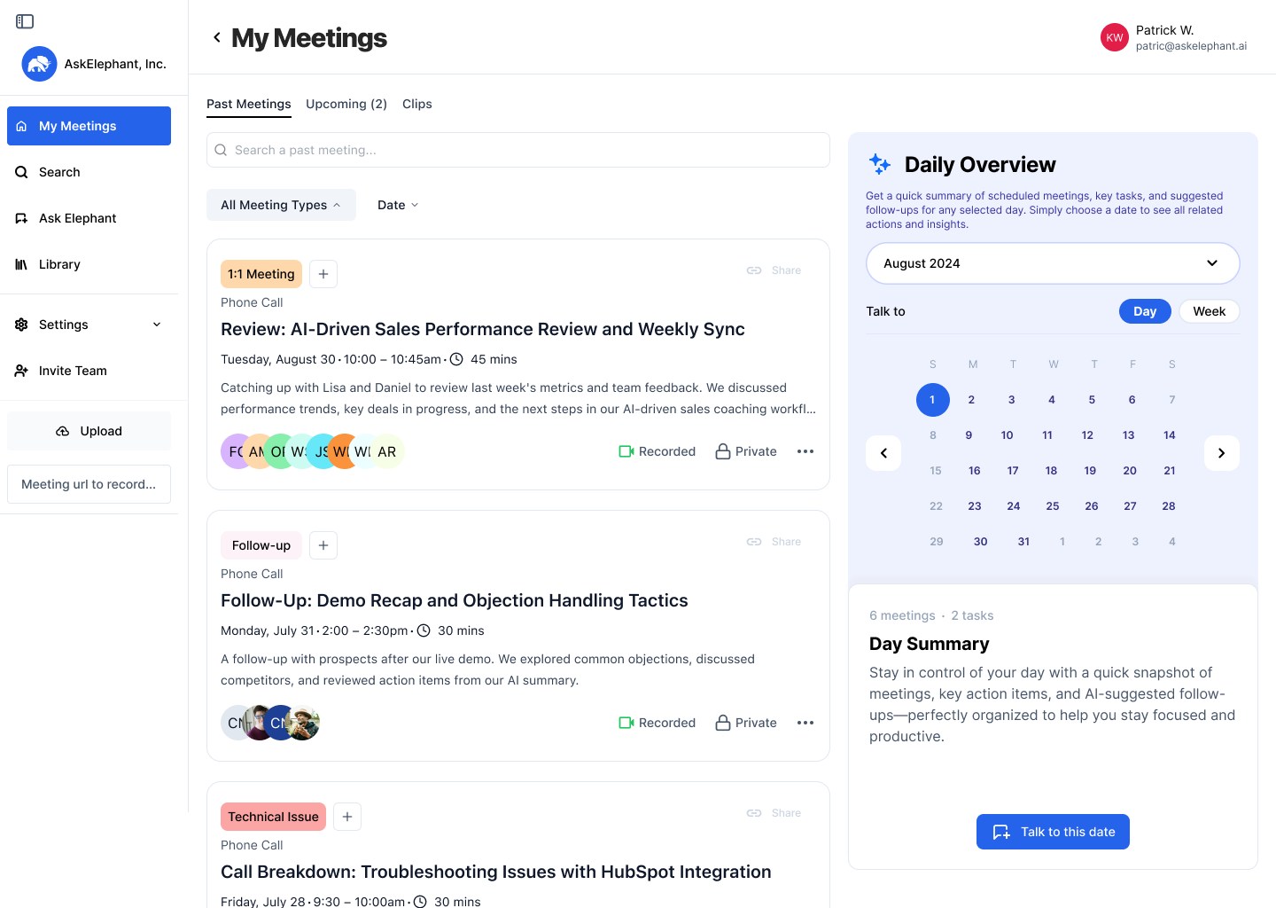 Redesigned My Meetings screen with tagged meeting cards, AI summaries and a Daily Overview calendar panel
