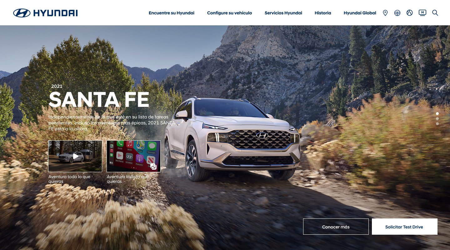 Redesigned Hyundai Dominicana homepage hero featuring the Santa Fe with Learn more and Request test drive buttons