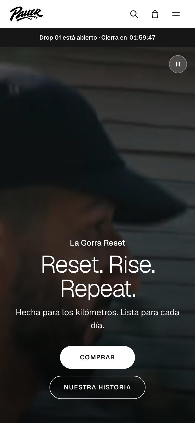 Store home on mobile with the drop bar and the Reset. Rise. Repeat. hero