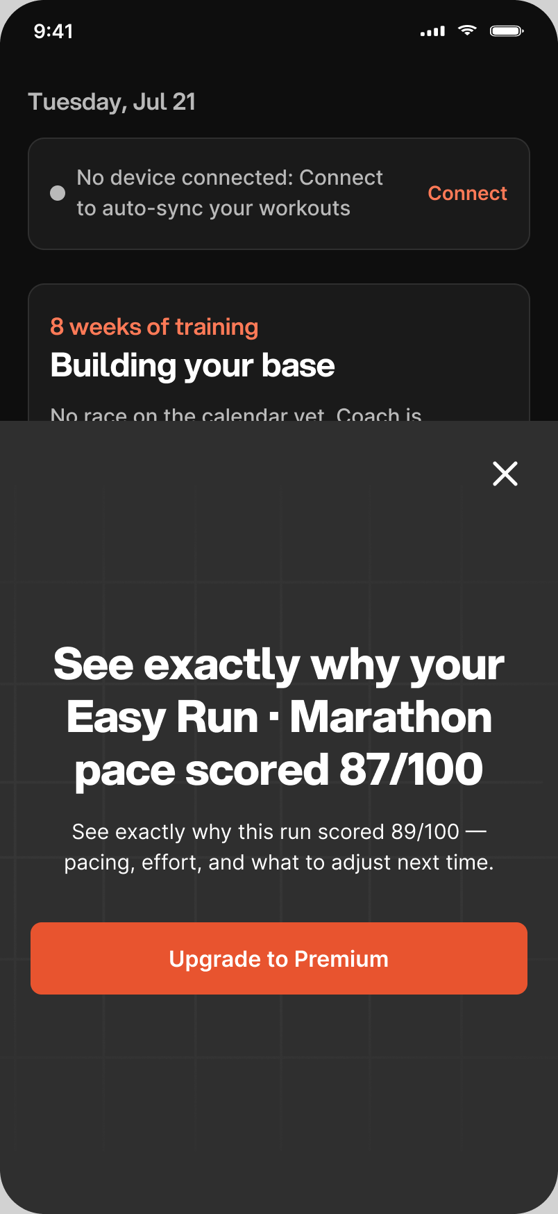 Upgrade screen offering to show exactly why the easy run scored 87/100