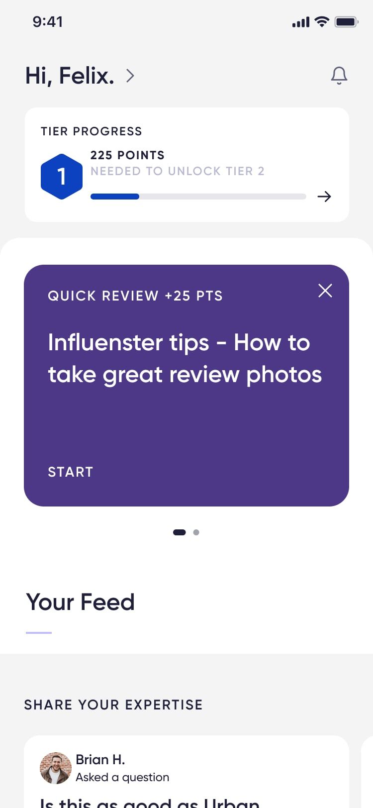Home feed with tier progress, a quick review task worth 25 points and a Share your expertise question card