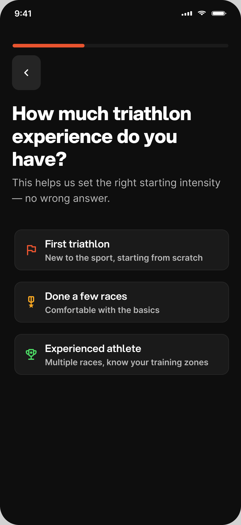 Onboarding step asking for experience level, from first triathlon to experienced athlete