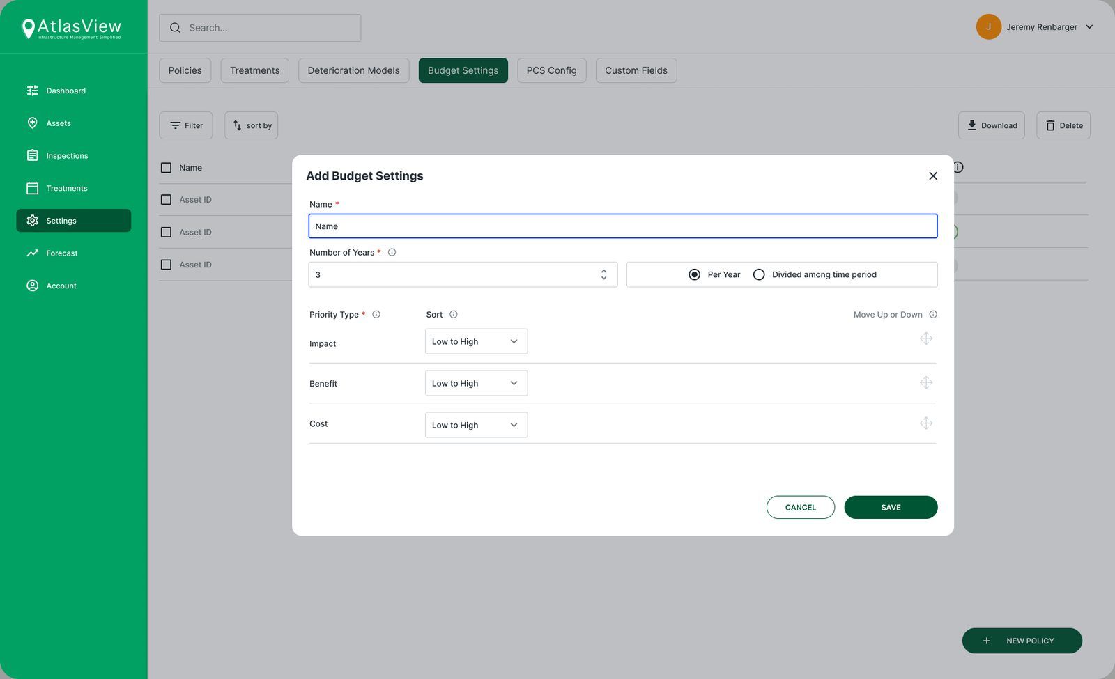 Add Budget Settings modal with years, priority type and sorting