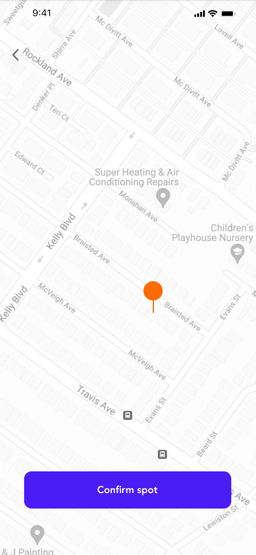 Event location confirmed on a map with a Confirm spot button