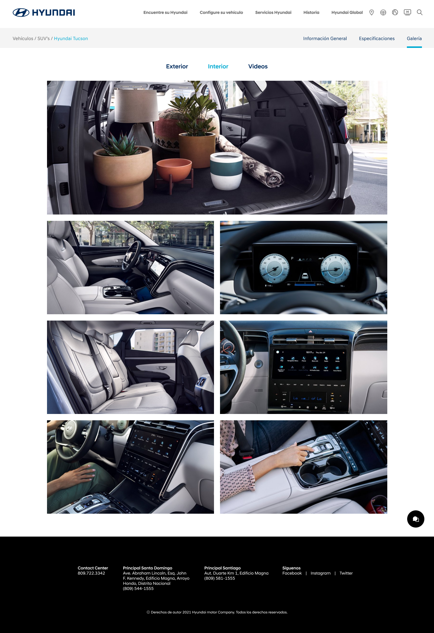 Hyundai Tucson photo gallery page with exterior, interior and video tabs