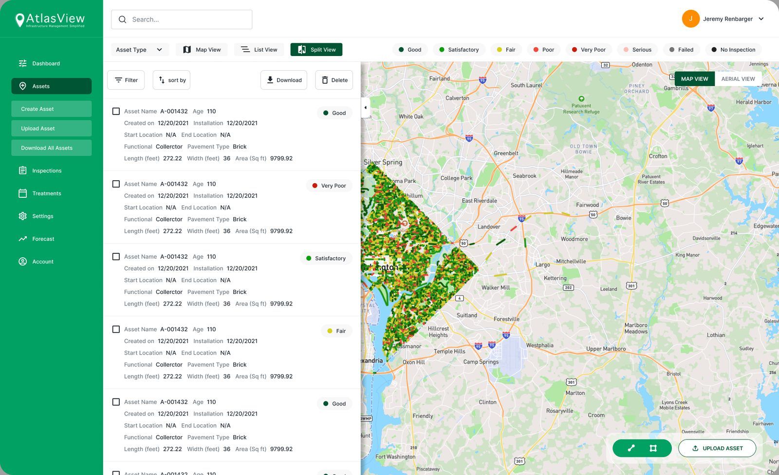 Split view with asset cards on the left and the condition map on the right