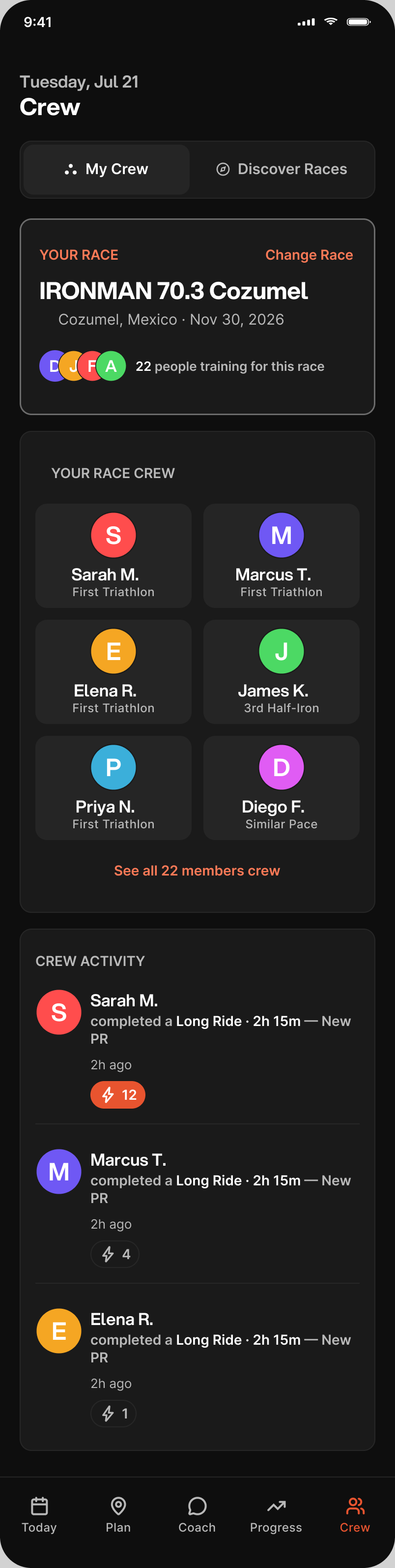 Crew view showing the athlete's race and other people training for the same IRONMAN 70.3