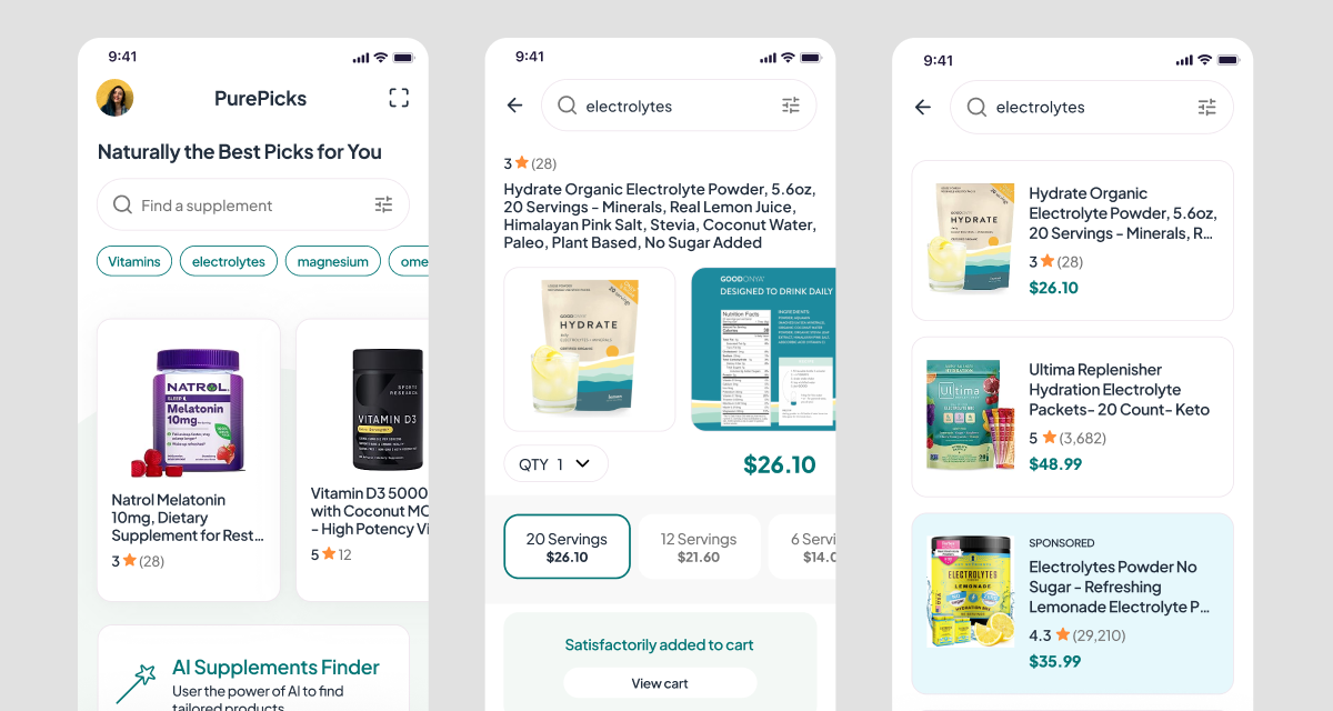 PurePicks app screens: home with reorder suggestions, electrolyte search results and product detail