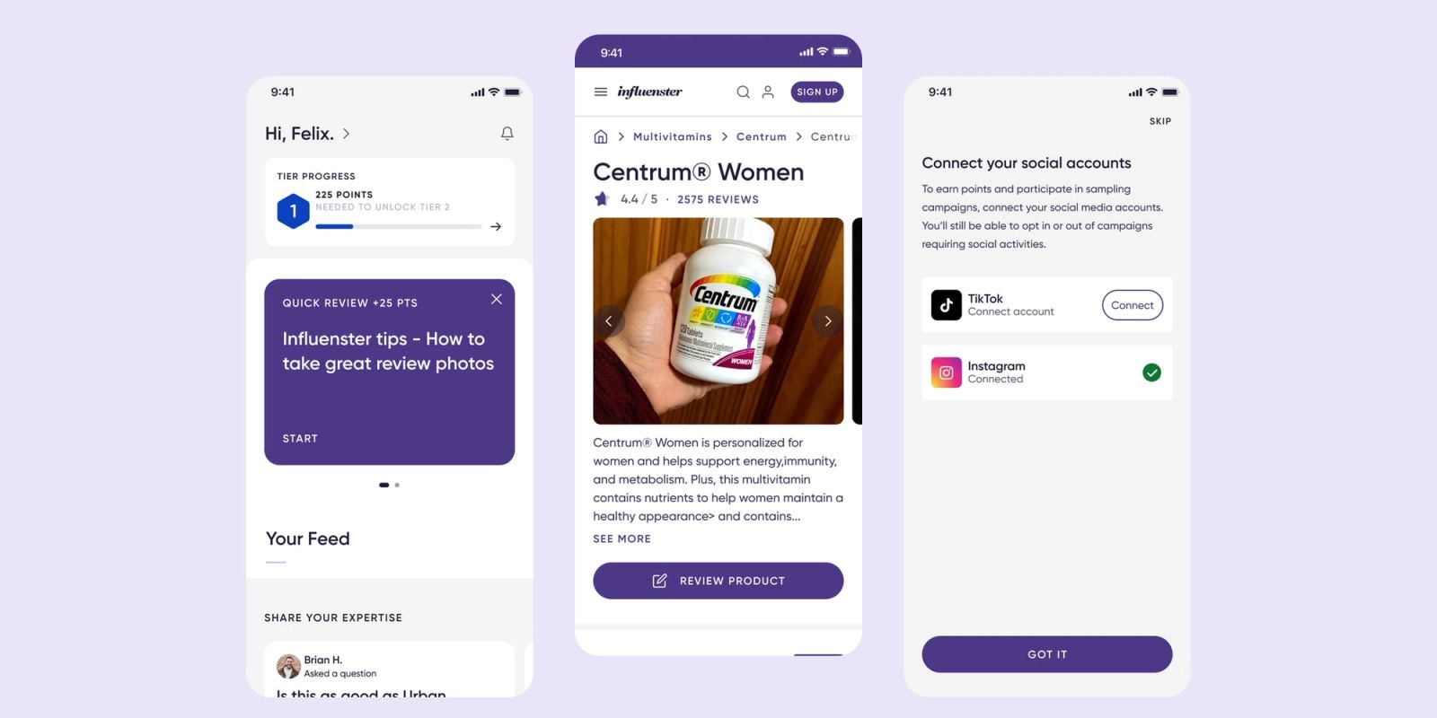 Three Influenster app screens: the home feed with tier progress, the redesigned product page and social account connection