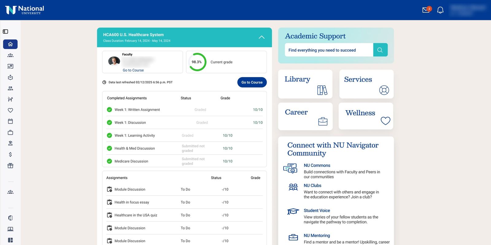 MyNU student home with the current class, grades, assignments, academic support and quick access to Library, Services, Career and Wellness