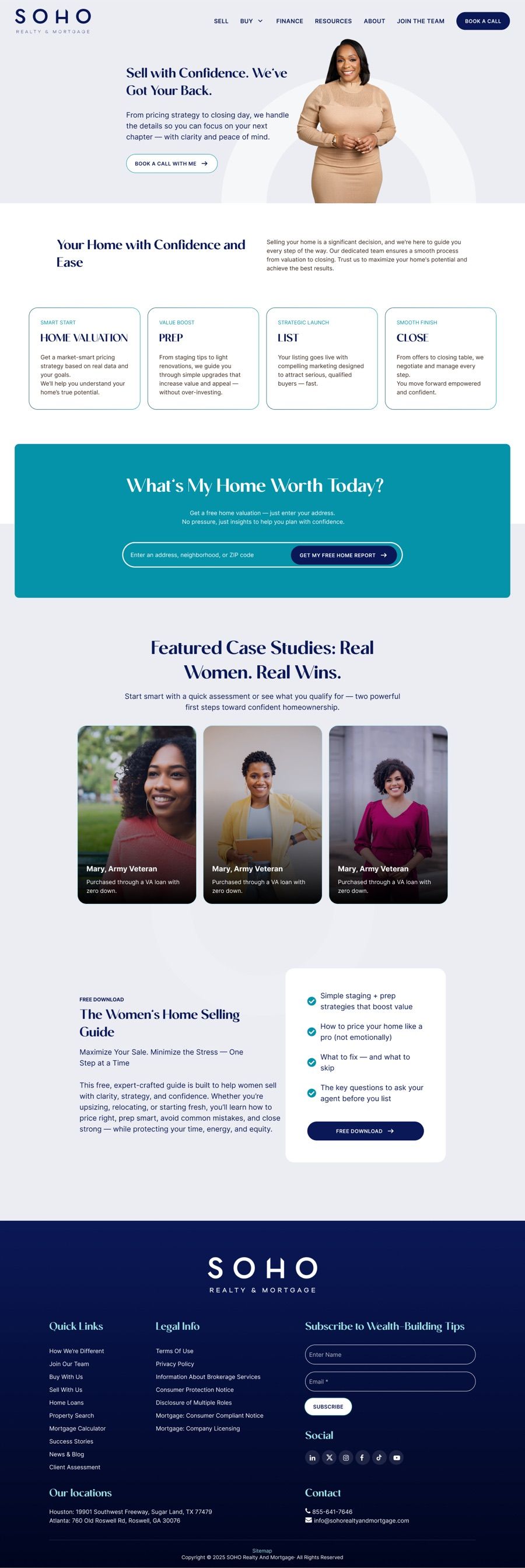 Sell page with the four-step selling process, a free home valuation and the seller guide