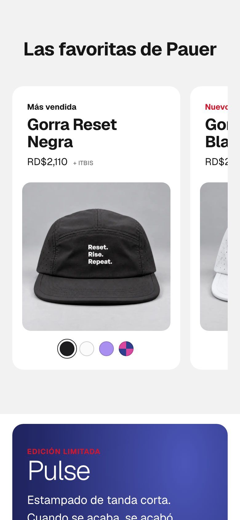 Store on mobile: the Gorra Reset Negra card with price plus ITBIS and color swatches