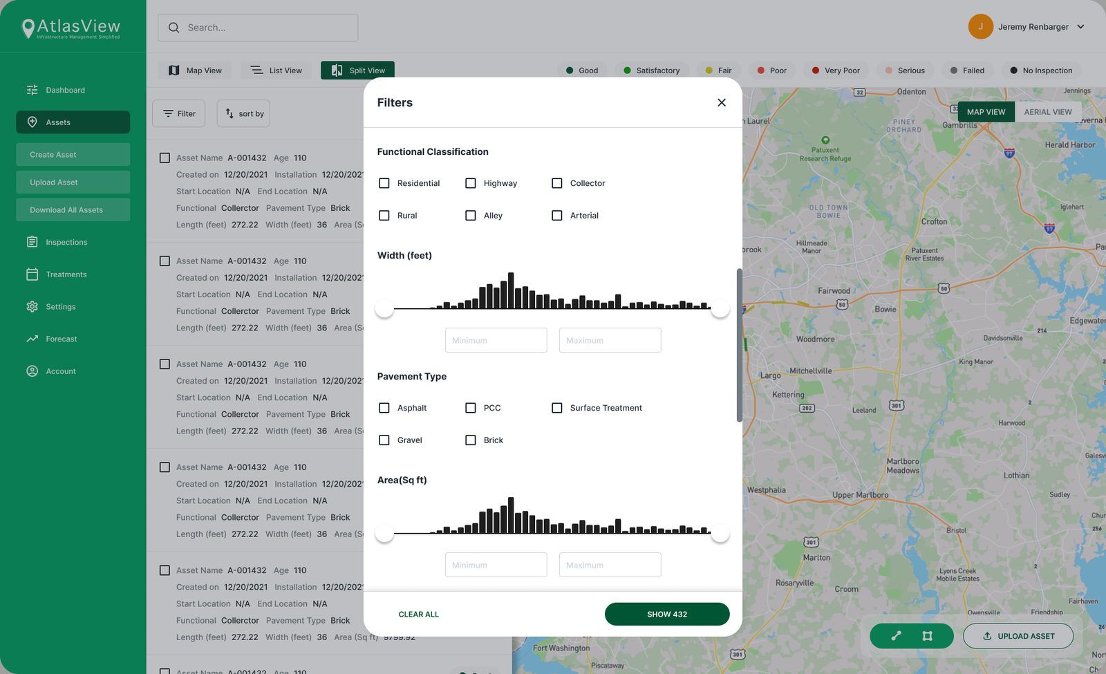 Filters panel with functional classification, width histogram, pavement type and area histogram