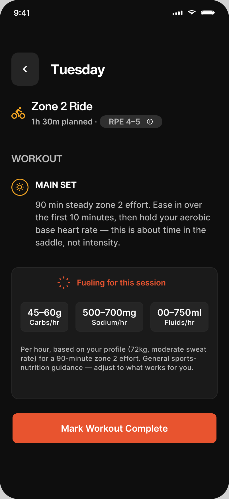 Workout detail for a zone 2 ride with the main set and fueling guidance per hour