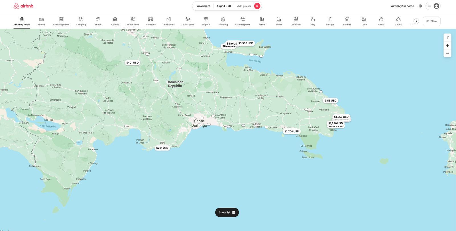 Airbnb map of the Dominican Republic with prices on the map