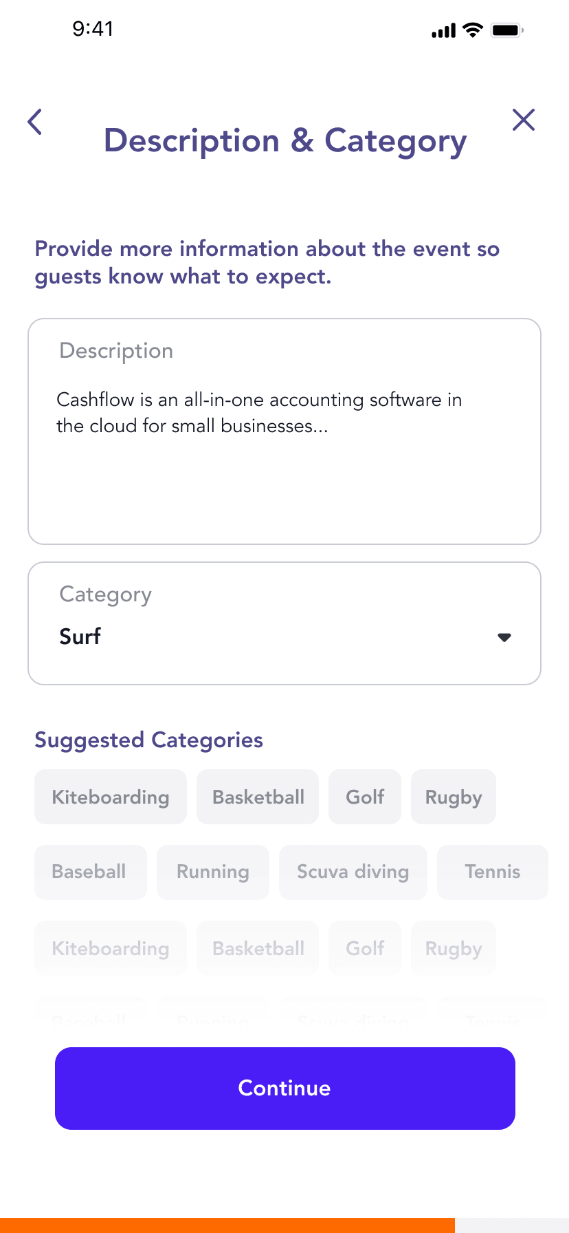 Event description and category with suggested sports