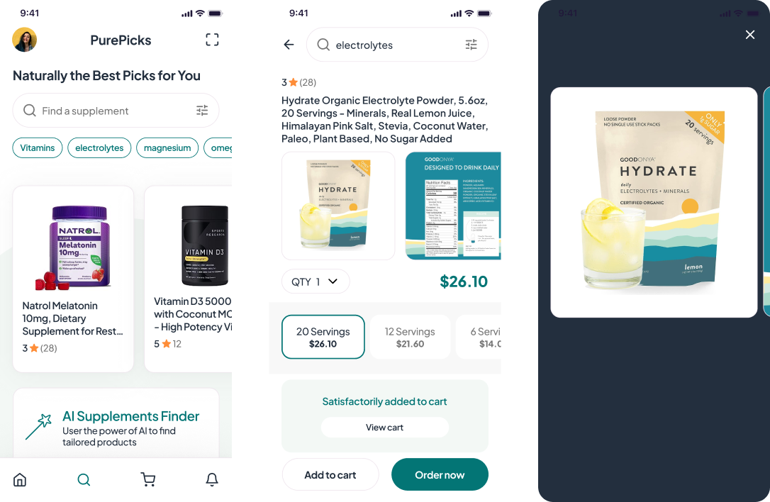 PurePicks home with supplement categories, product detail and add-to-cart confirmation