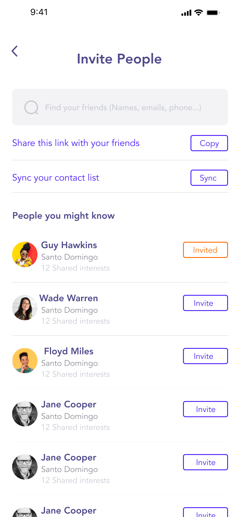 Invite people to a group with share link, contact sync and suggestions