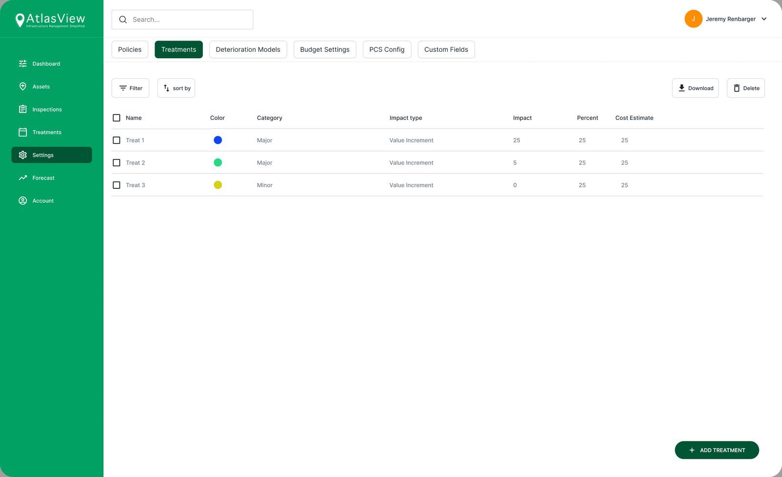 Treatment settings table with color, category, impact type, impact and cost estimate