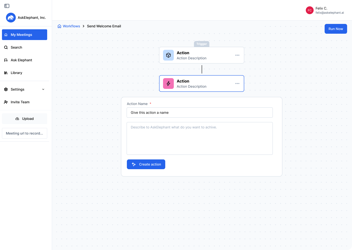 AskElephant workflow builder with trigger and action nodes and an action configuration panel