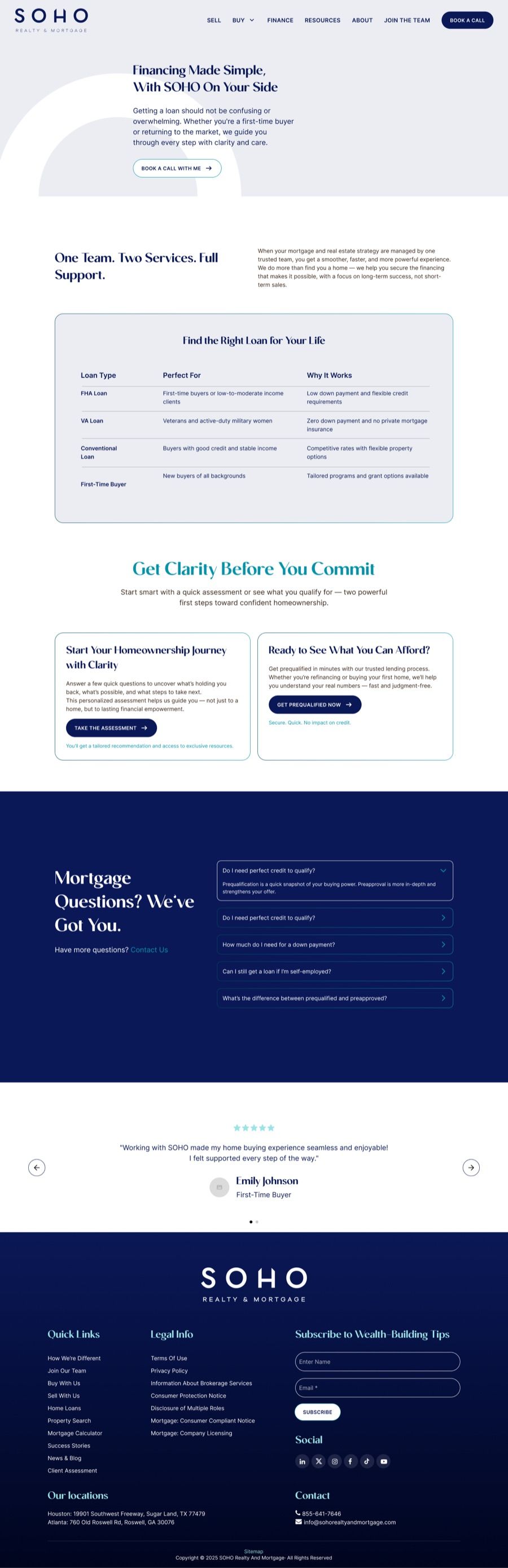 Finance page with a loan program comparison, assessment and prequalification, and mortgage FAQs
