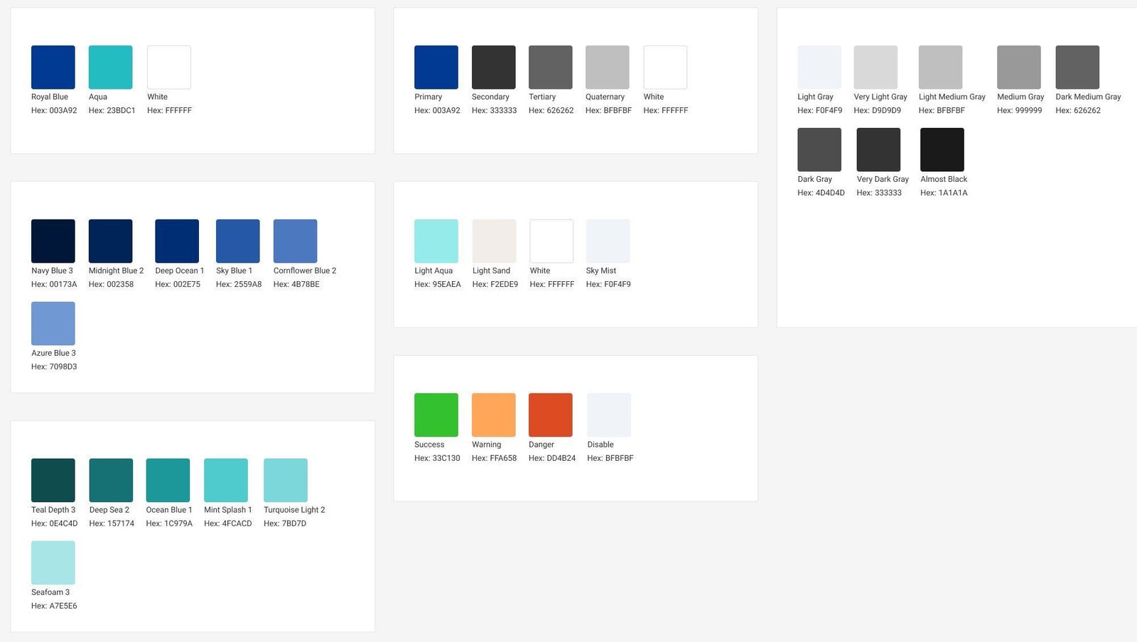 Design system color tokens: brand blues and aquas, neutrals, surfaces and status colors with hex values