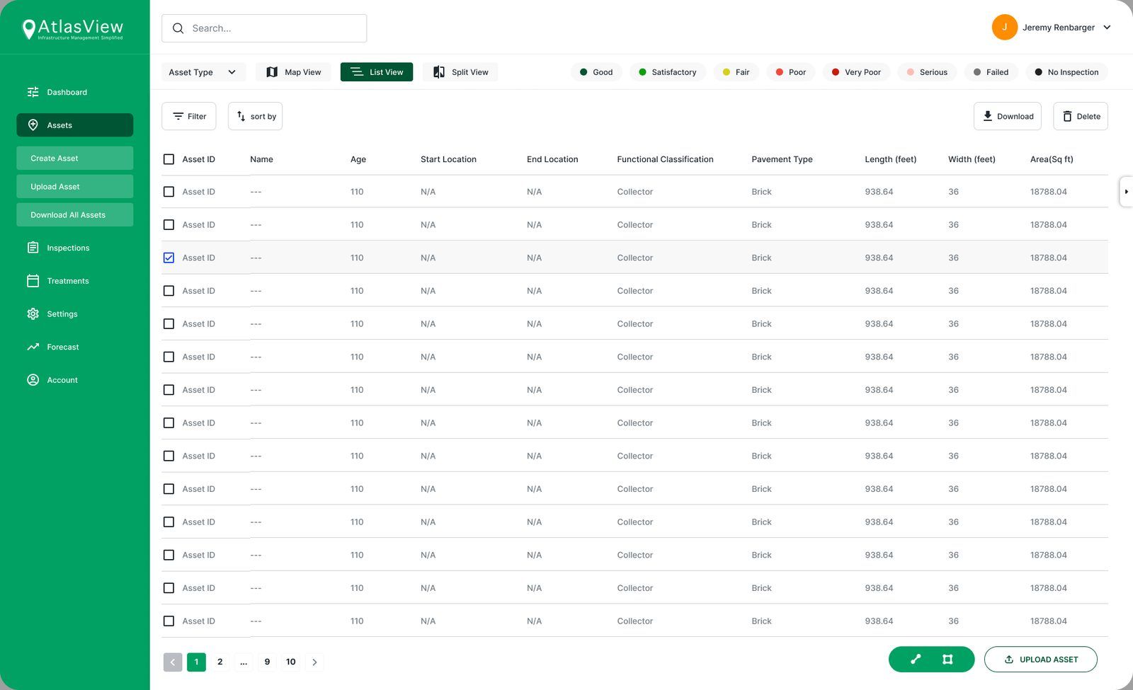 List view of assets in a table with pagination