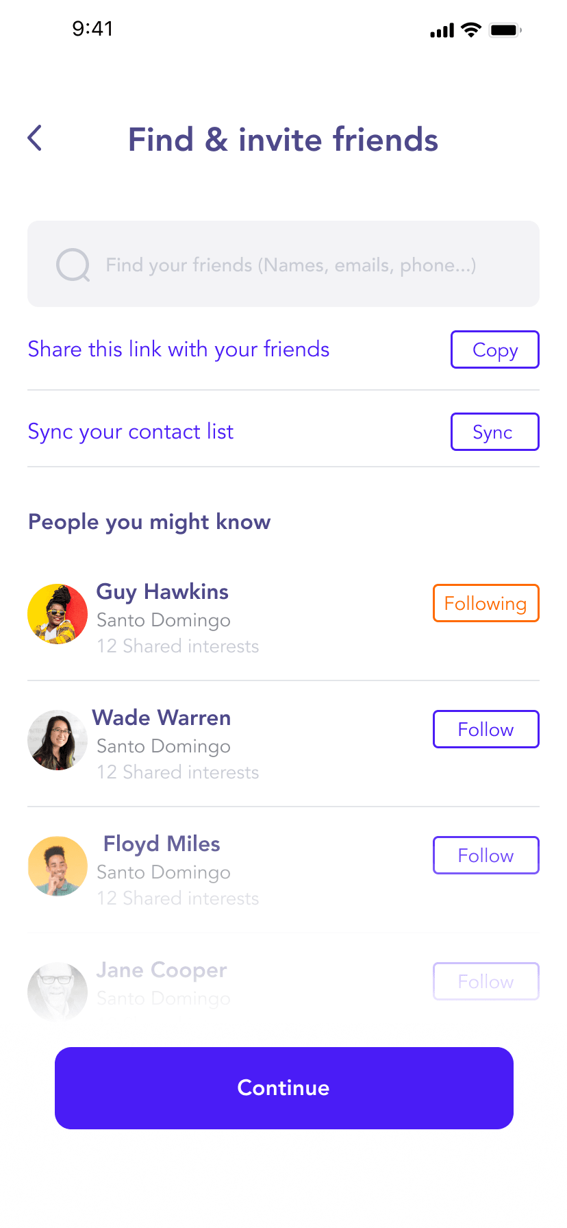 Find and invite friends with a share link, contact sync and people you might know