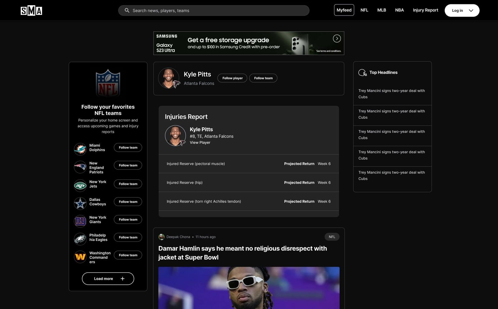 Player page for a tight end with follow buttons, an injuries report with projected returns and related news