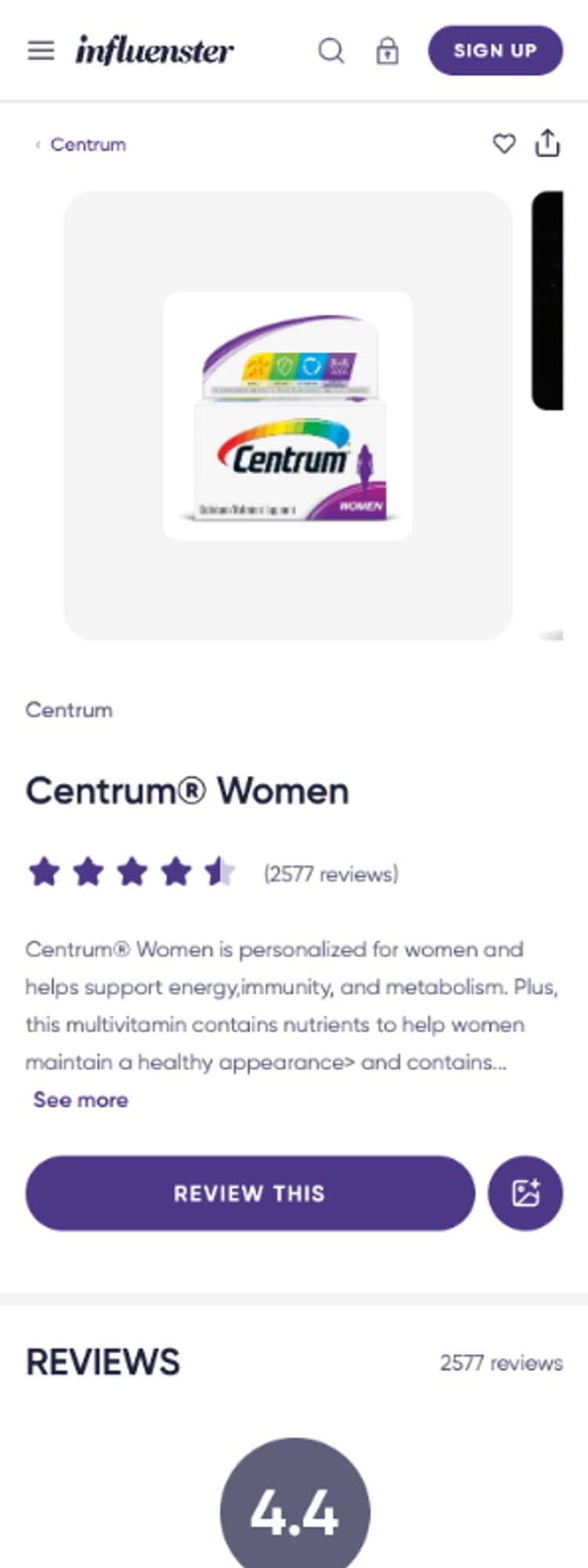 Influenster mobile product page before the redesign