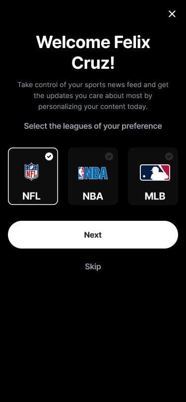 Mobile onboarding with league selection