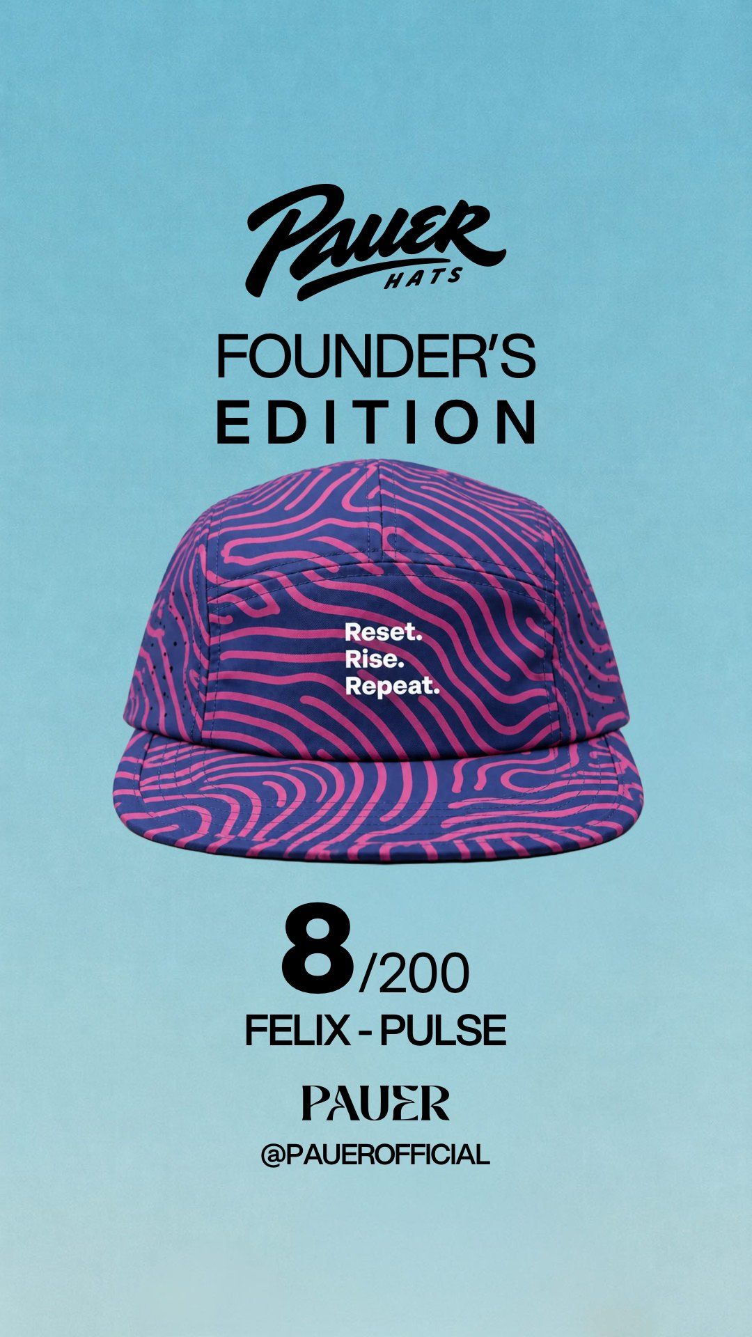 Founder's Edition story image: the Pulse cap on a sky-blue background with the number 8/200 and the owner's name