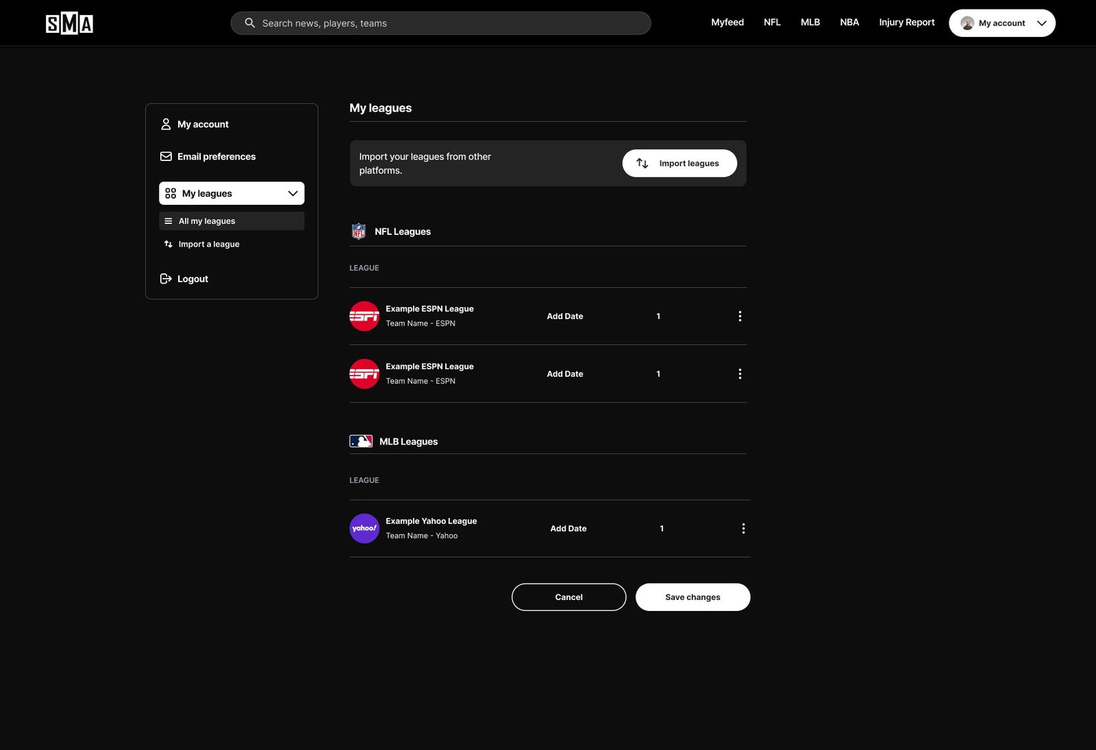 My leagues page in the account area with leagues imported from ESPN and Yahoo