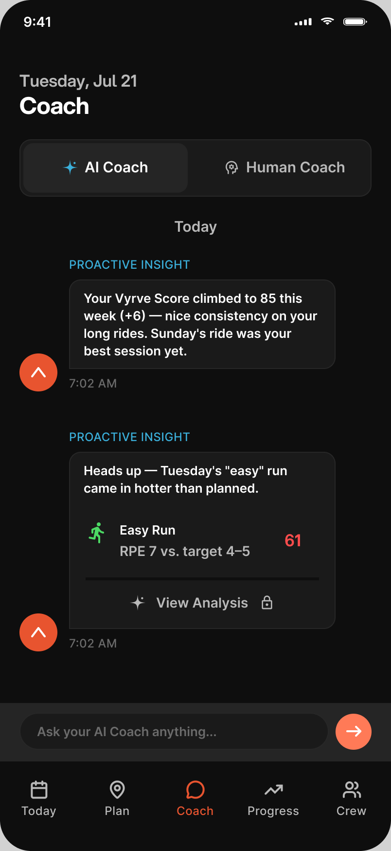 AI Coach tab with proactive insights about the Vyrve Score and an easy run that was too hard