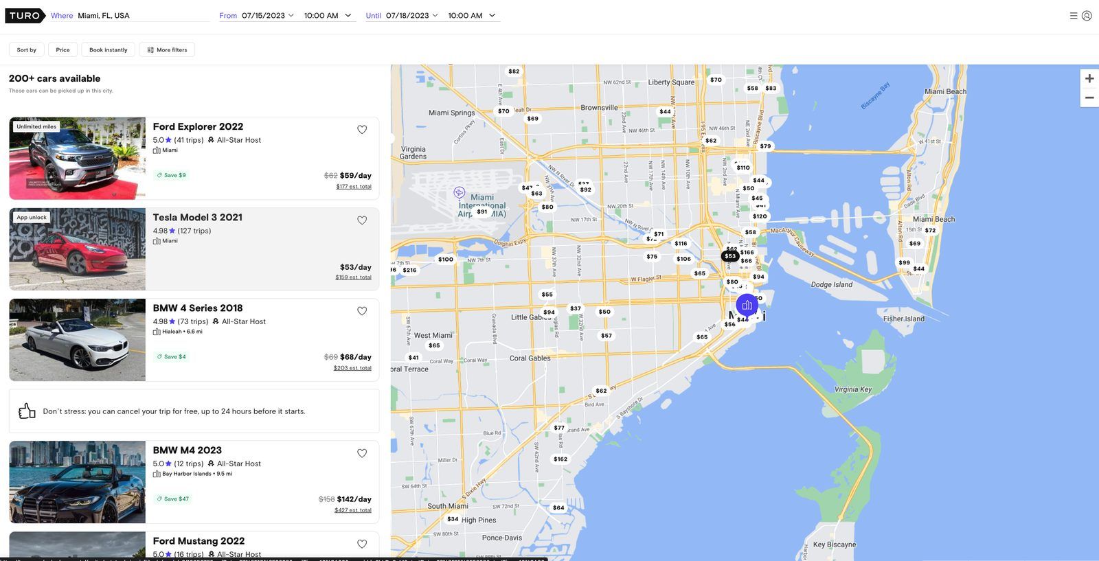 Turo search results: a list of cars next to a map with prices
