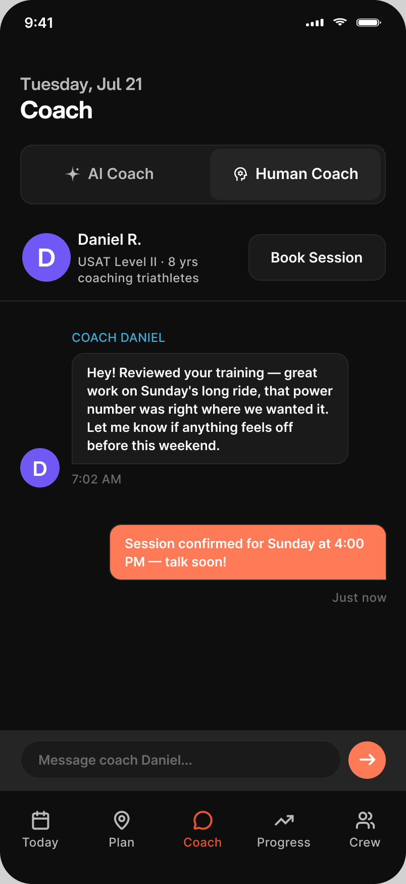 Human Coach tab with a certified coach, a message thread and a confirmed session