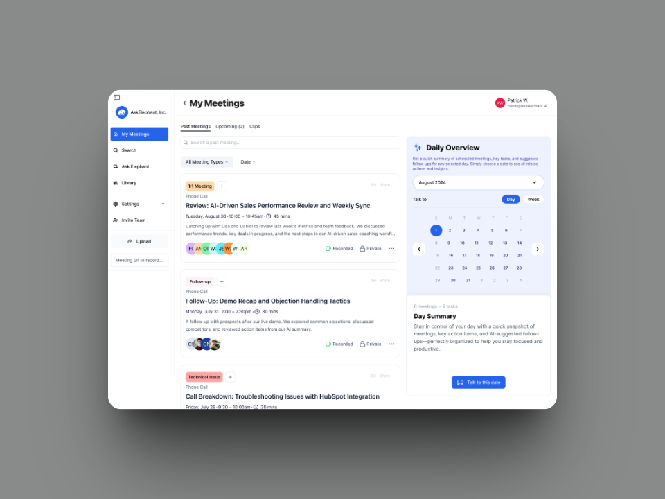 AskElephant meeting view with AI summary and daily overview