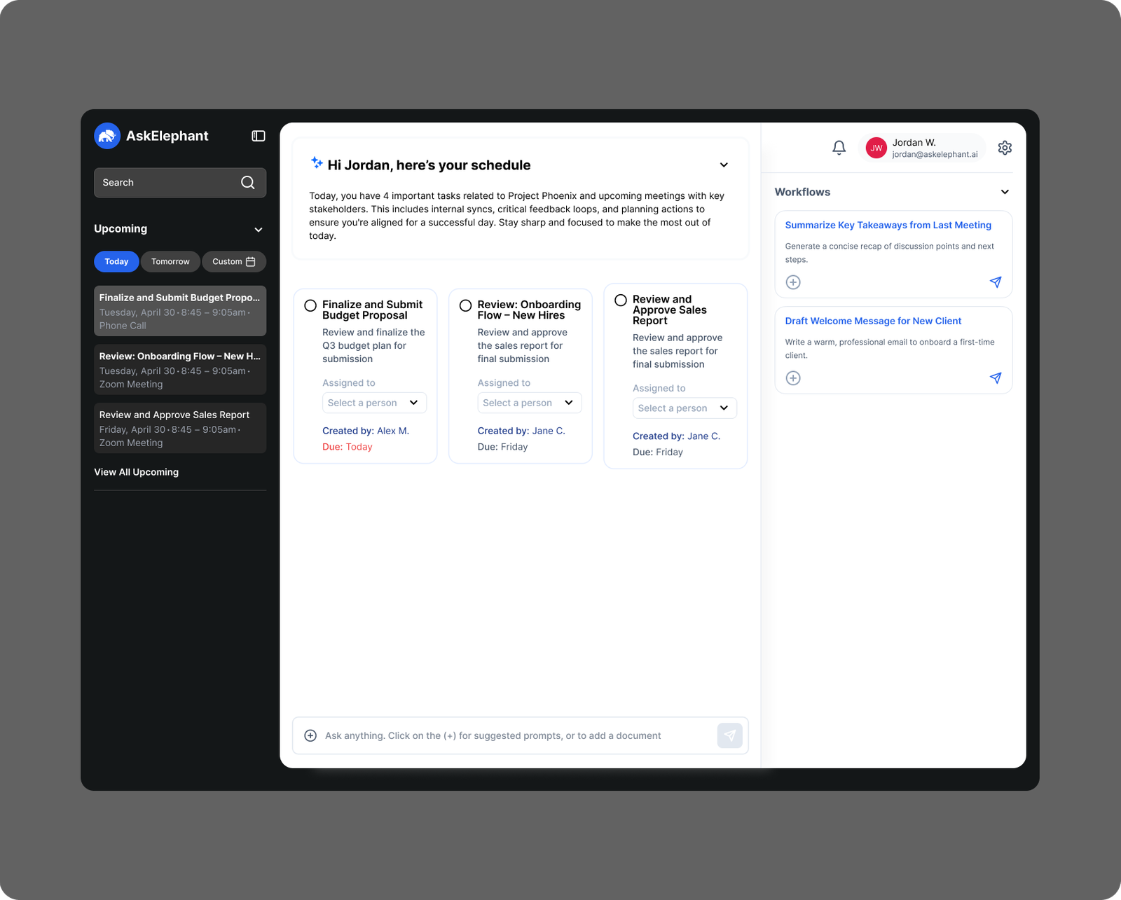 Redesigned AskElephant home with a personalized daily schedule and suggested workflows