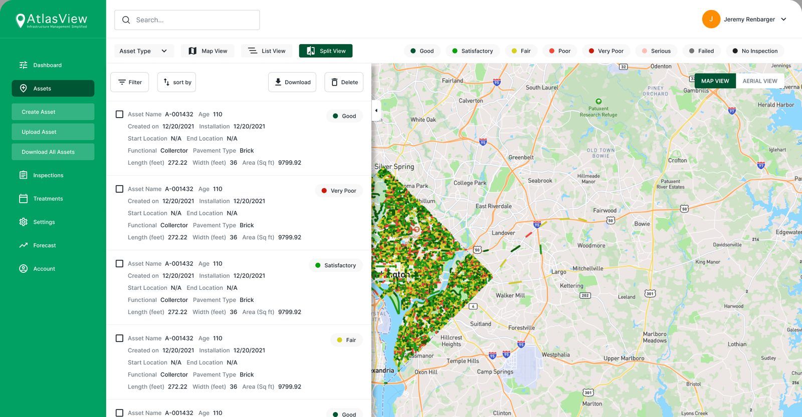 AtlasView split view: a list of road assets next to a map of Washington, DC colored by pavement condition