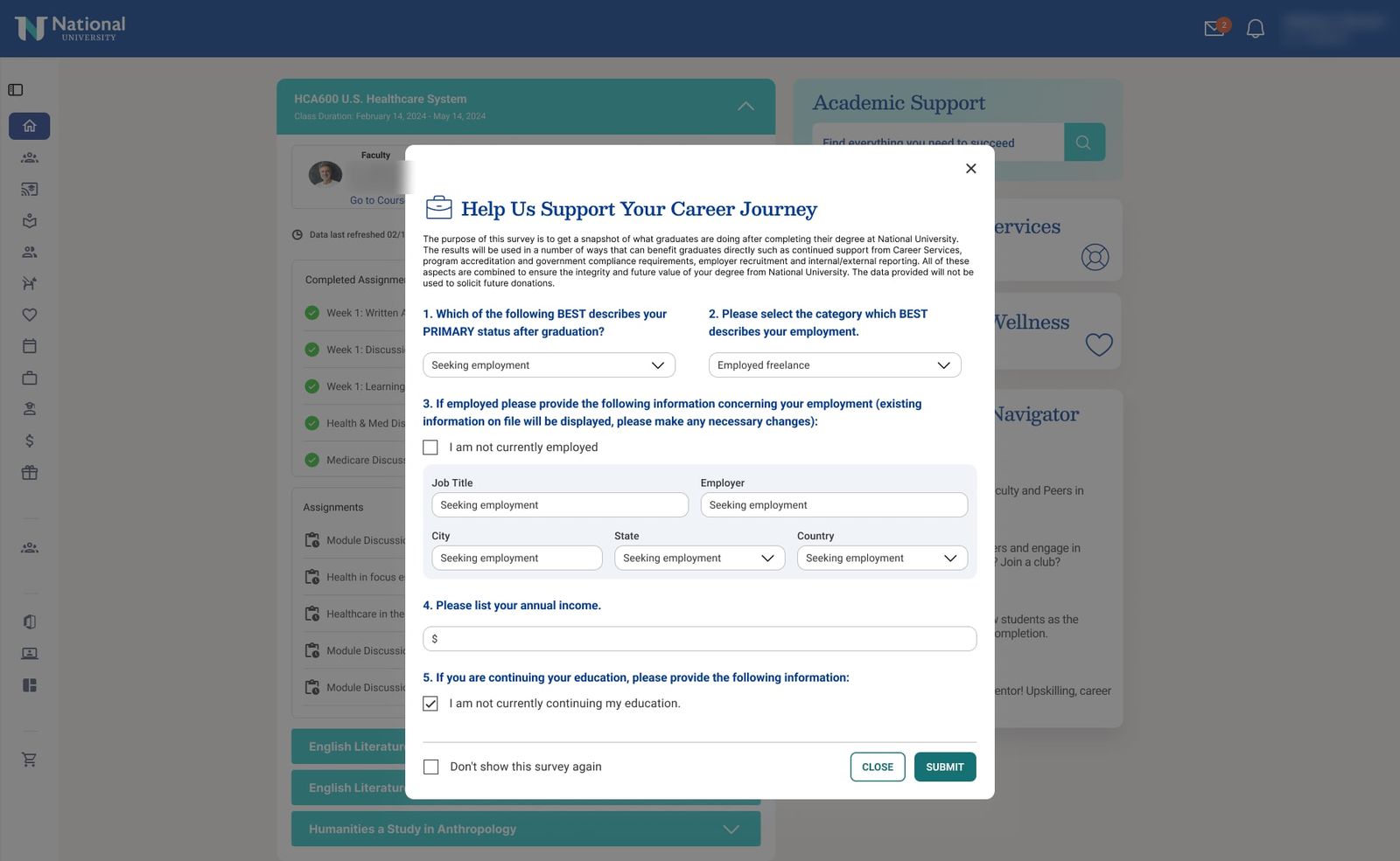 Full career survey with employment status, job details, income and a Don't show this survey again option