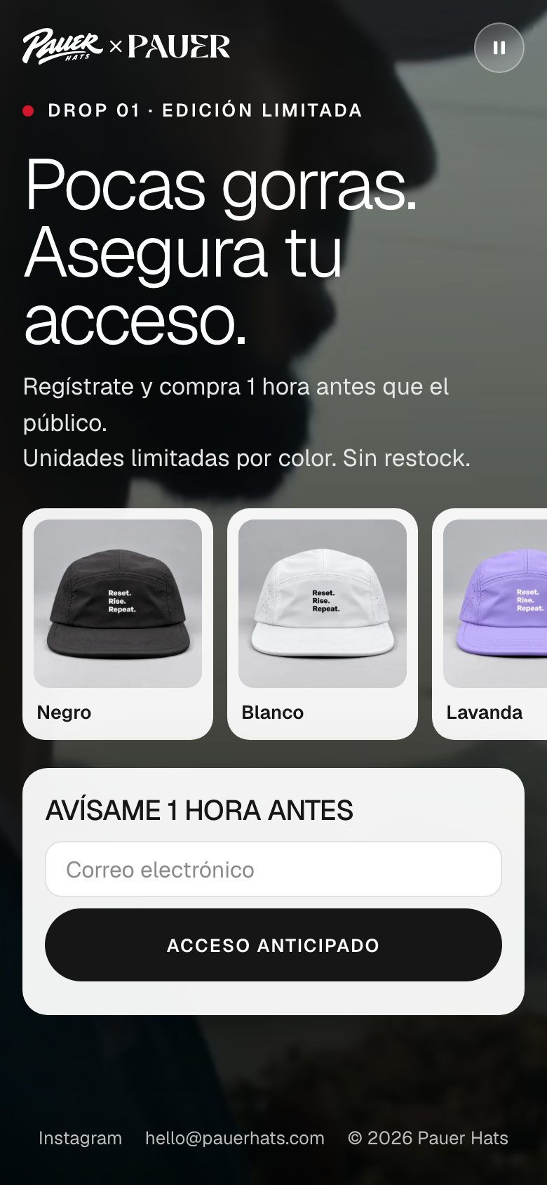 Early-access landing page on mobile with the four caps and the email form