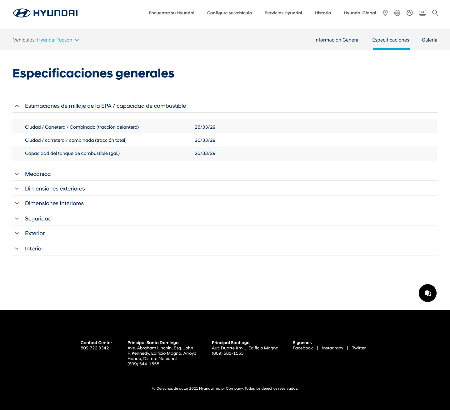 Hyundai Tucson general specifications page with expandable sections