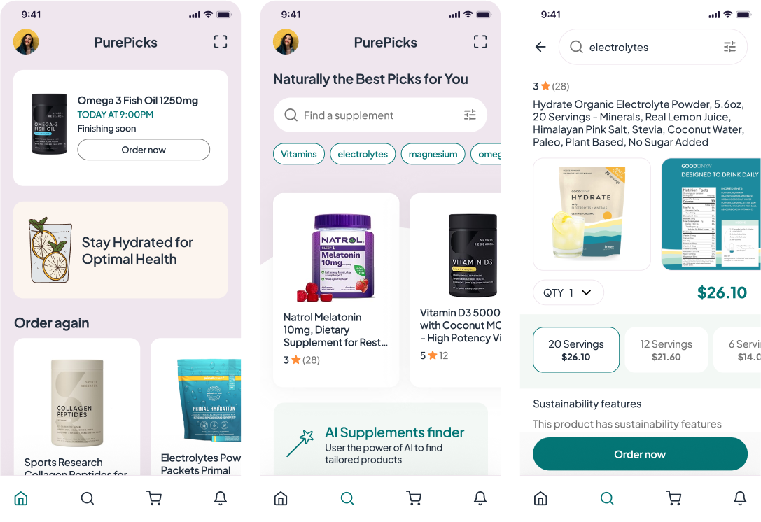 PurePicks home, AI Supplements Finder and product detail with serving options