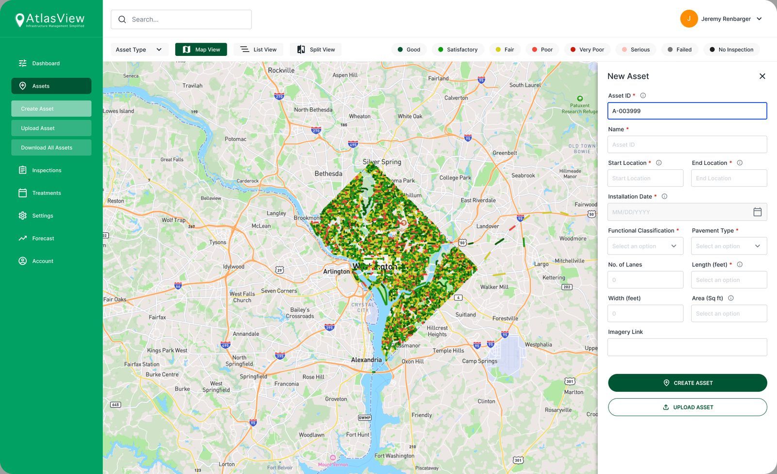 New Asset panel on the right side of the map with asset ID, name, locations, installation date, classification and dimensions