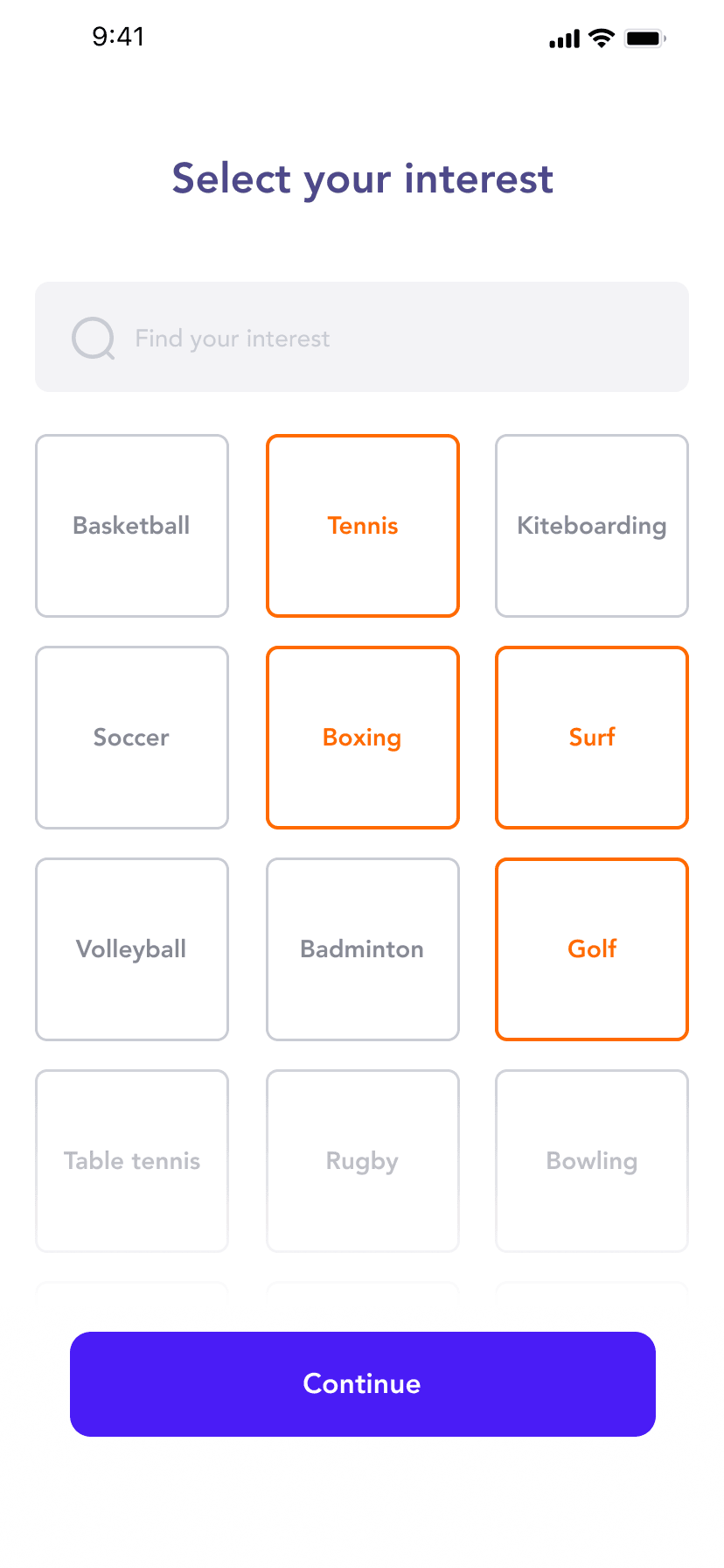 Interest selection grid with sports like tennis, boxing, surf and golf selected