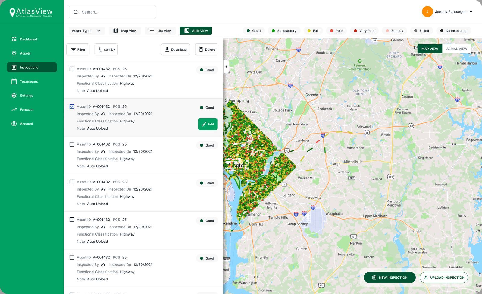 Inspections split view with inspection cards and PCS scores next to the map