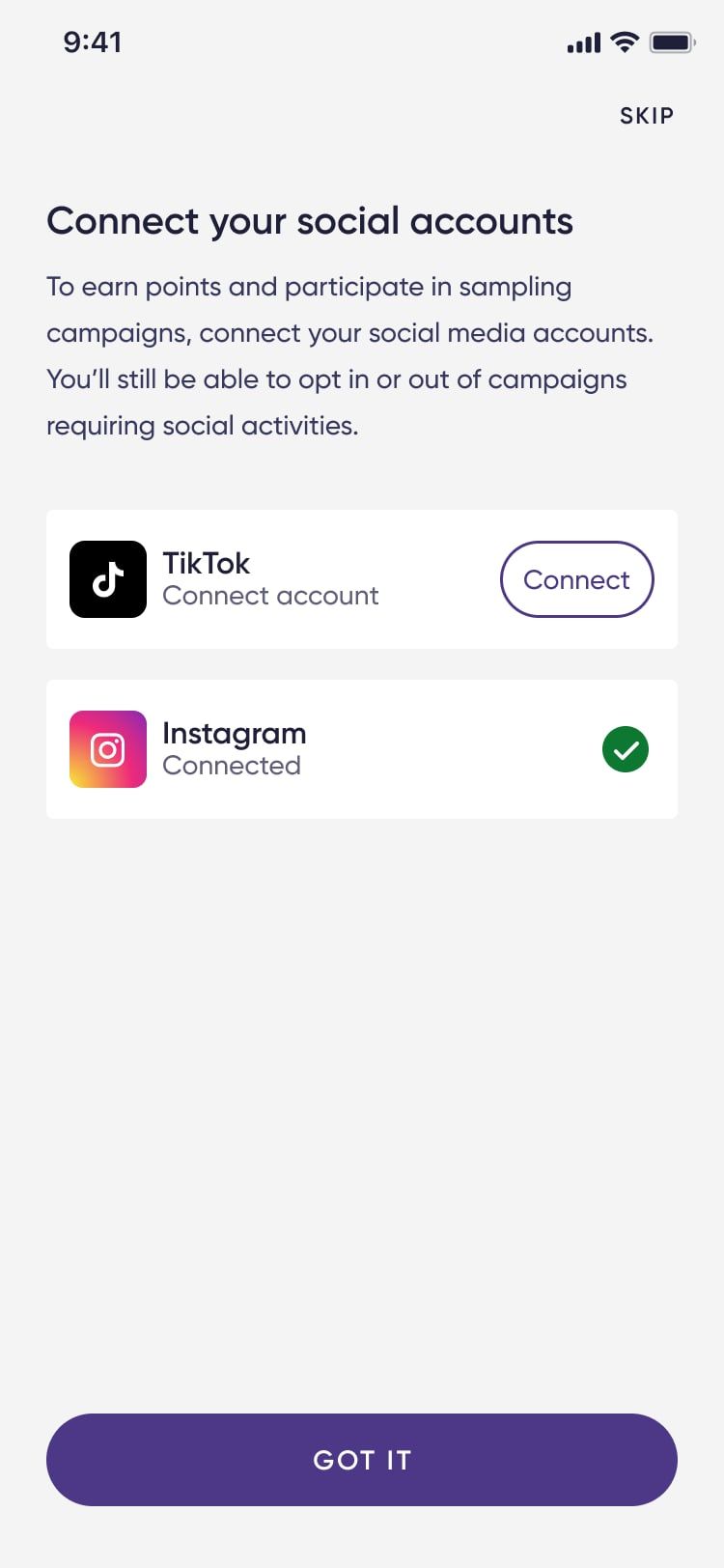 Onboarding step with Instagram connected and a Got it button