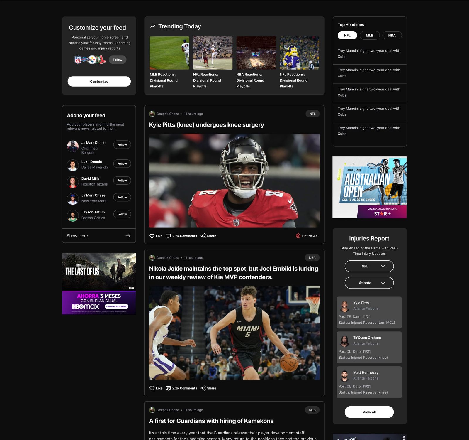 SMA desktop home feed with personalization on the left, news in the center and headlines, injury report and ads on the right