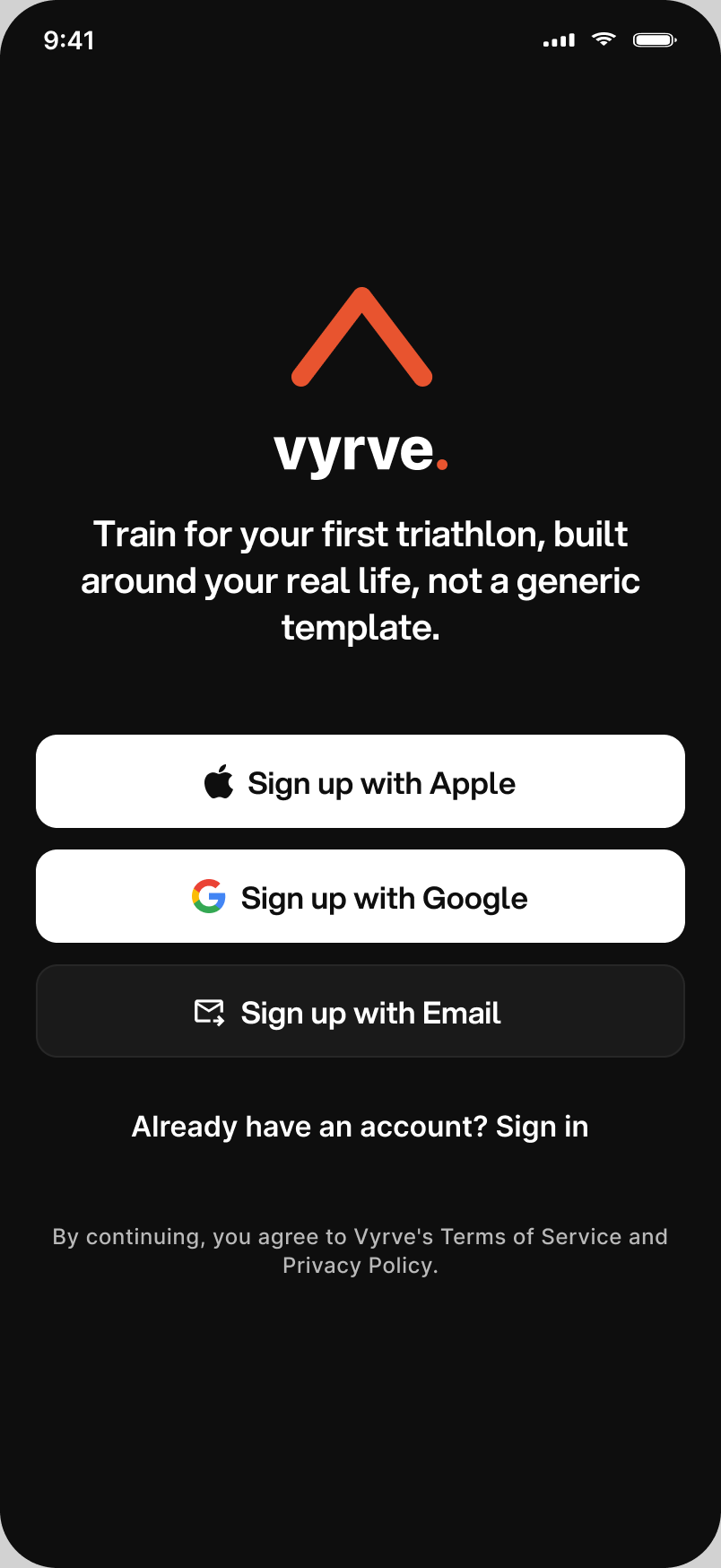 Vyrve sign up screen with Apple, Google and email options